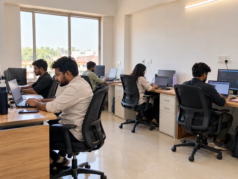 Office staff working at desktop computers in a bright shared workspace