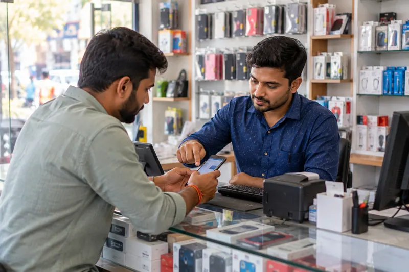 A shopkeeper helping a customer with a mobile recharge