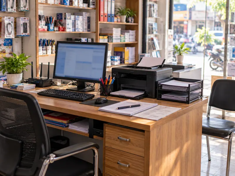 A practical retailer workstation with computer, printer and scanner