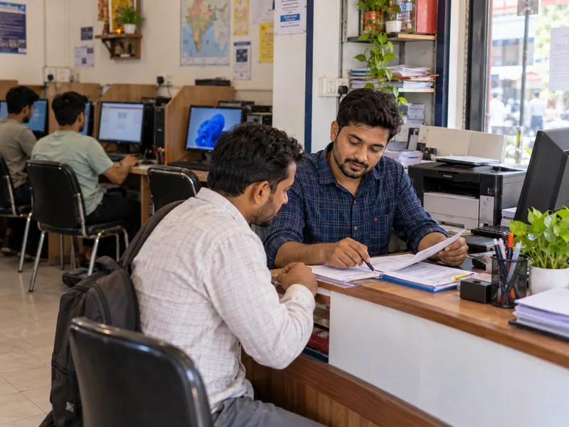 A cyber café operator assisting a customer at the front desk