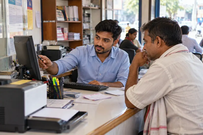 A railway booking agent discussing travel with a customer