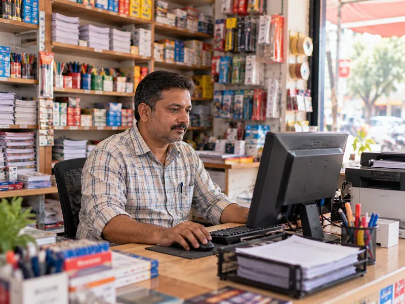 A shop owner working at a computer beside his stationery counter